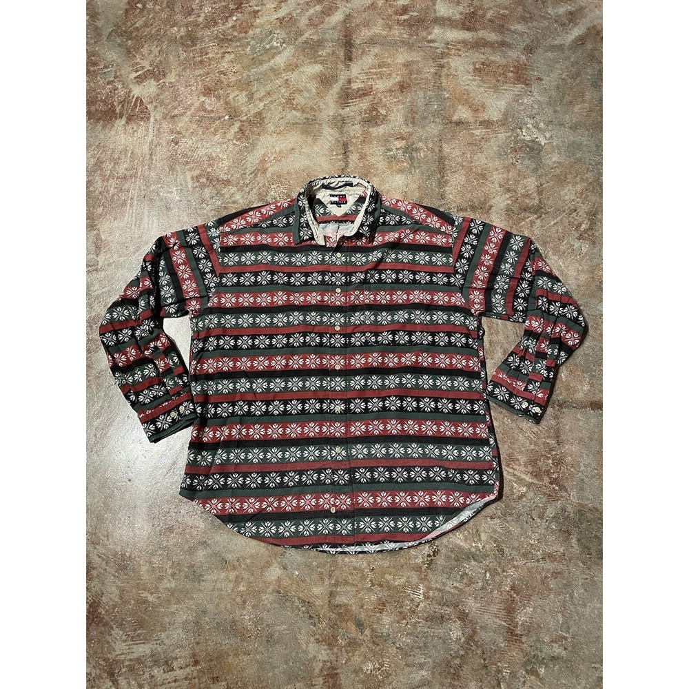 Vintage Tommy Hilfiger Long Sleeved Snowflake Christmas Tribal Shirt Sz L *